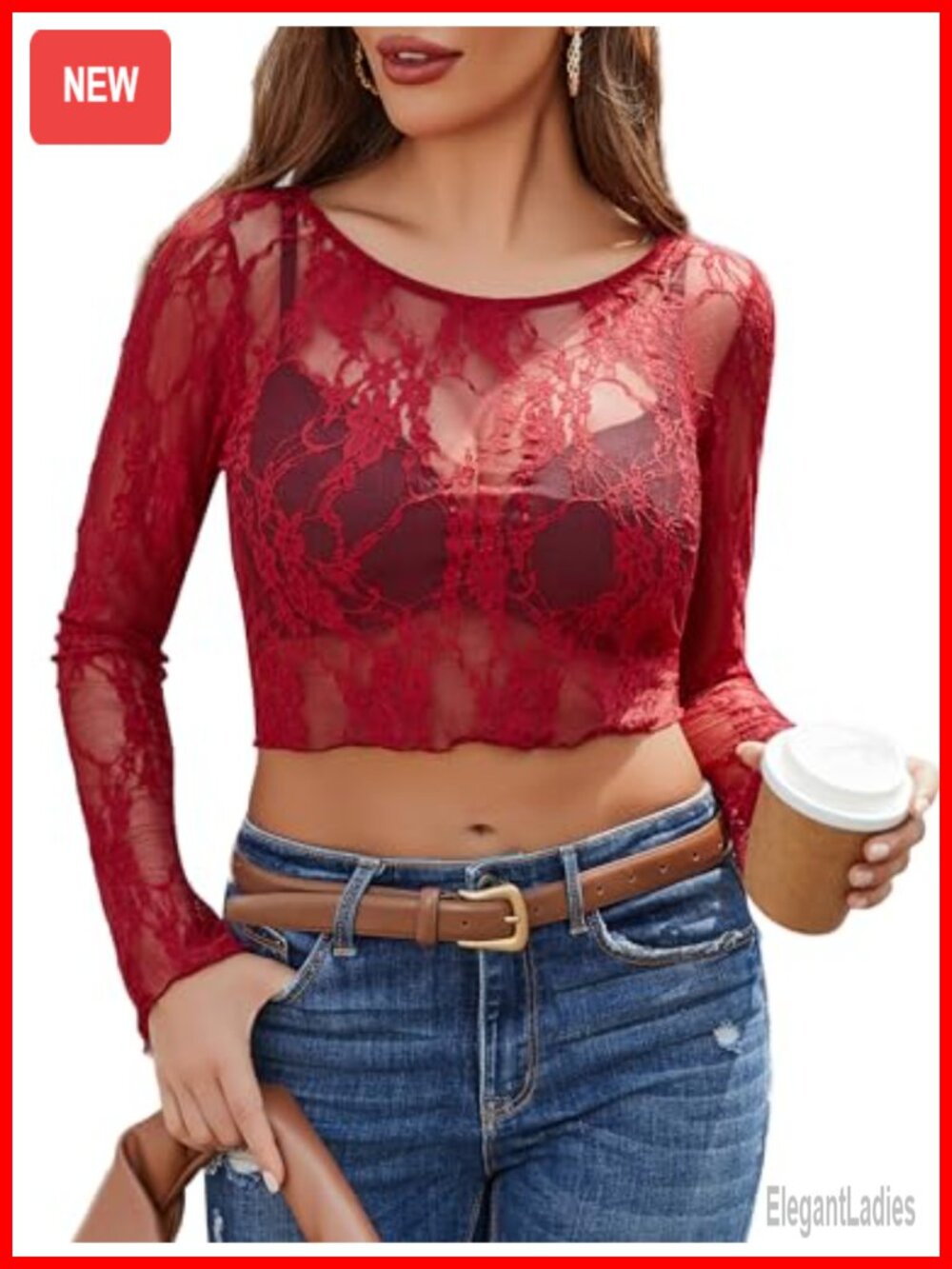 Sheer Mesh Bell Sleeve Crop Top See Through Lace Blouse